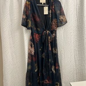 Elegant Floral Midi Dress with Tie Waist